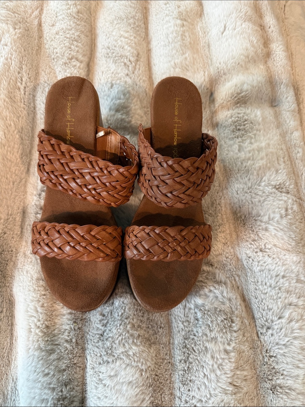 House of Harlow 1960 Braided Double-Strap Slide Sandals in Cognac